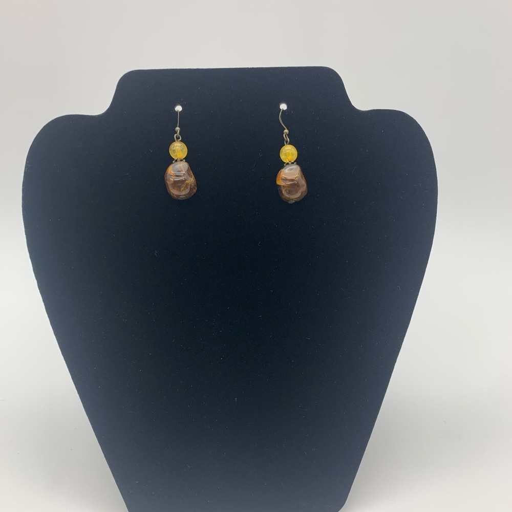 Vtg. Amber Brown Swirl Dangle Drop Earrings With Bronze Flower Spacer Beads